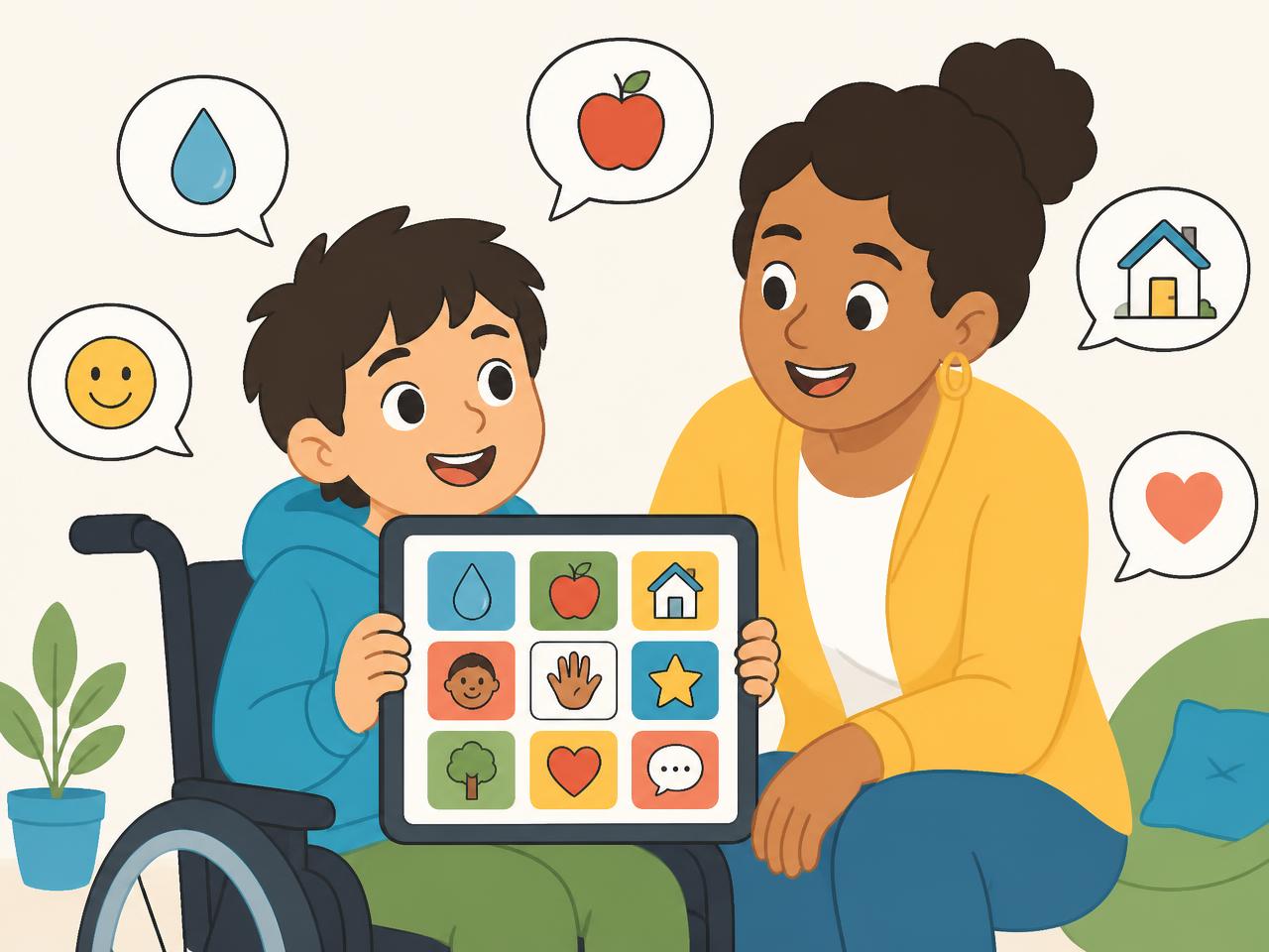 Criança usando um tablet com cartões de comunicação ilustrados ao lado de um adulto